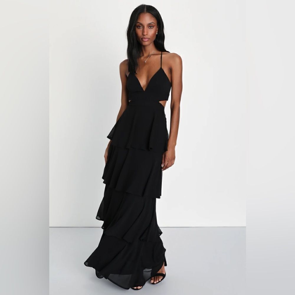 Lulus NWT Tier and Now Black Tie-Back Tiered Maxi Dress in black size XS